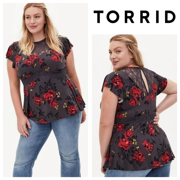 torrid Tops - TORRID Studio Knit Lace Inset Short Flutter Sleeve Peplum Top, Dark Floral, 1 1X